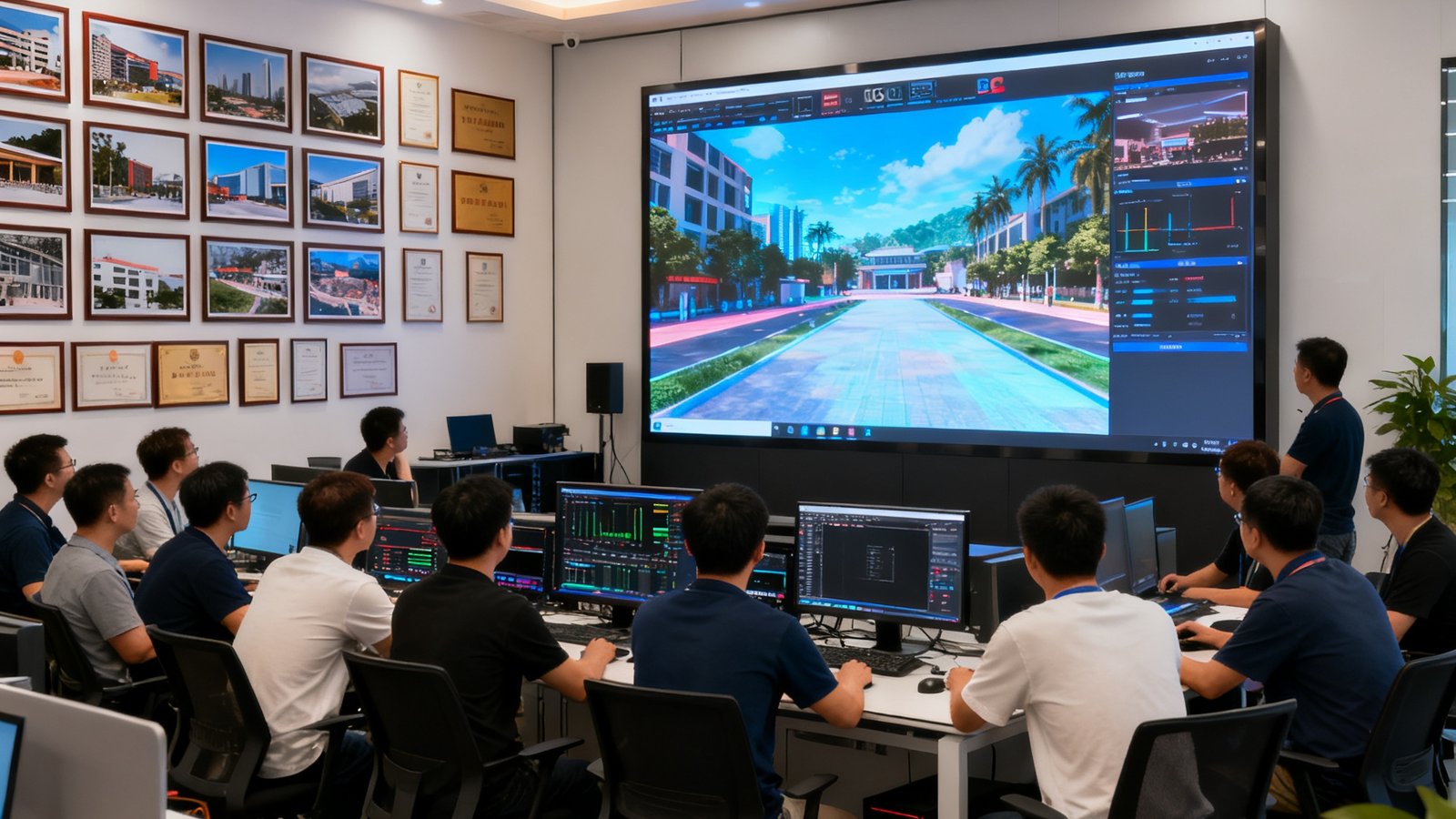 BG视讯深圳总部办公室内，数十位工程师围绕大型LED屏幕上实时渲染的沉浸式投影场景进行系统联调，墙面挂满项目实景照片与荣誉证书