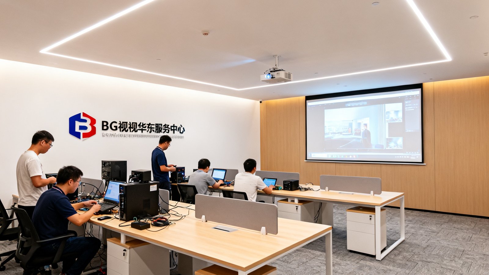 杭州西湖区新落成的BG视讯华东服务中心办公室内景，技术团队正在工作区调试设备并进行投影效果测试