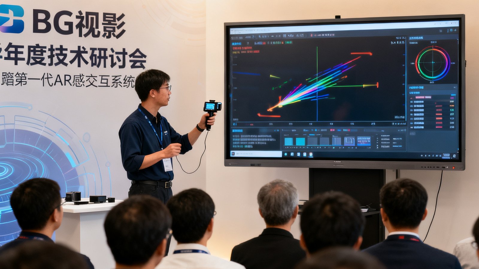 BG视讯年度技术研讨会上，工程师正向与会嘉宾演示最新一代AR体感交互系统的实时追踪精度